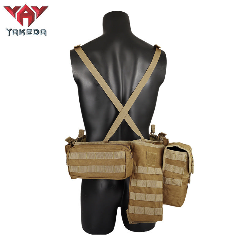 Back view of tan tactical belt with pouches and adjustable straps on black mannequin