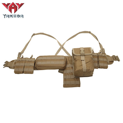 Tan tactical belt with multiple MOLLE pouches and adjustable straps on white background