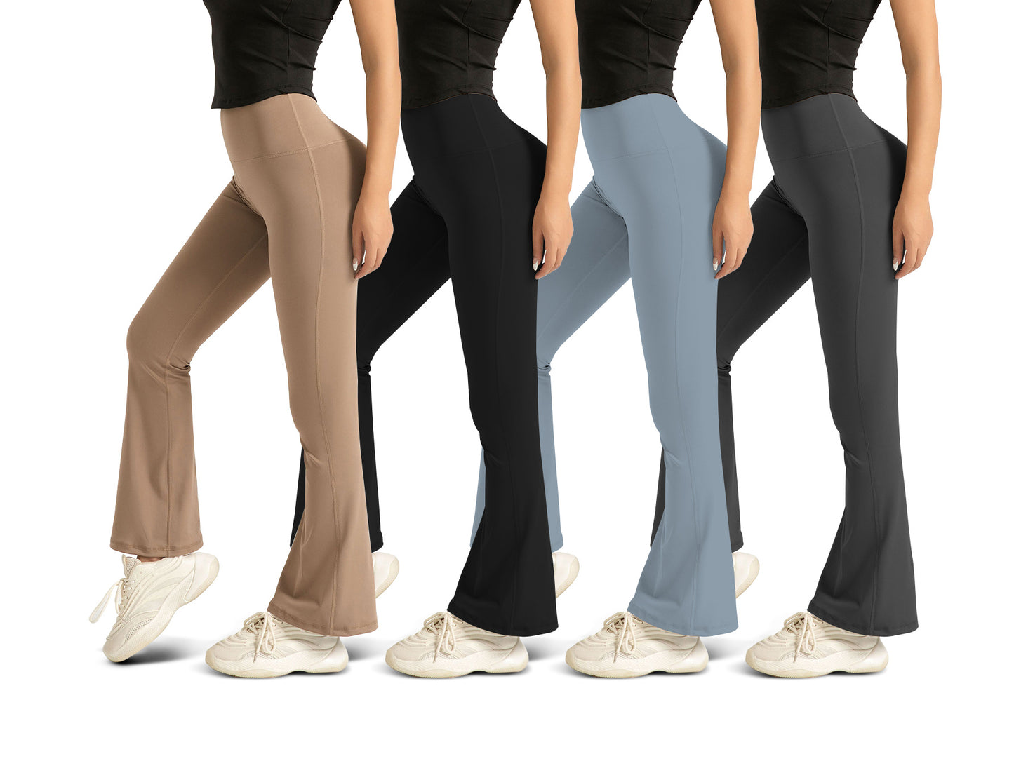 Women wearing four colors of high waist flared yoga pants leggings with black tops and white sneakers