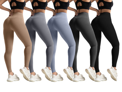 Five women wearing high-waist peach butt leggings in beige, gray, blue, dark gray, and black with black crop tops and white sneakers