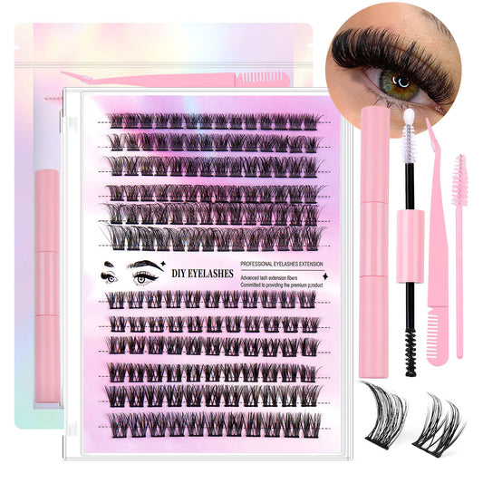 DIY segmented eyelash extension kit with pink applicators, natural look cluster lashes, and eye close-up