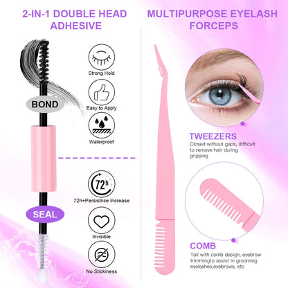 2-in-1 double head adhesive with brush and applicator, pink multipurpose eyelash forceps with tweezers and comb for grooming