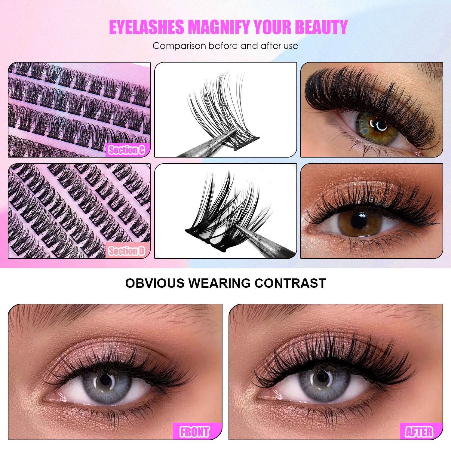 Comparison of eyelash cluster extensions before and after application, showing thicker natural-looking lashes