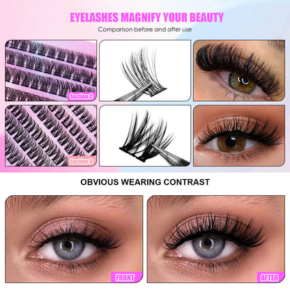 Comparison of eyelash cluster extensions before and after application, showing thicker natural-looking lashes