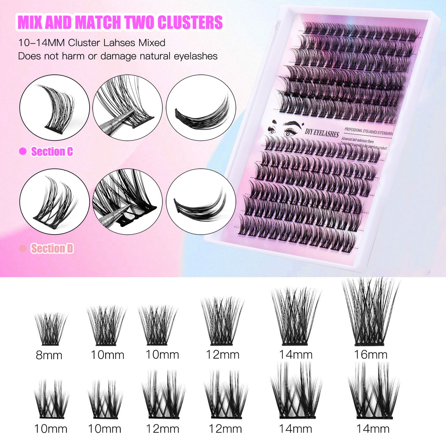 Tray of segmented cluster false eyelashes in various lengths from 8mm to 16mm for natural DIY lash extensions