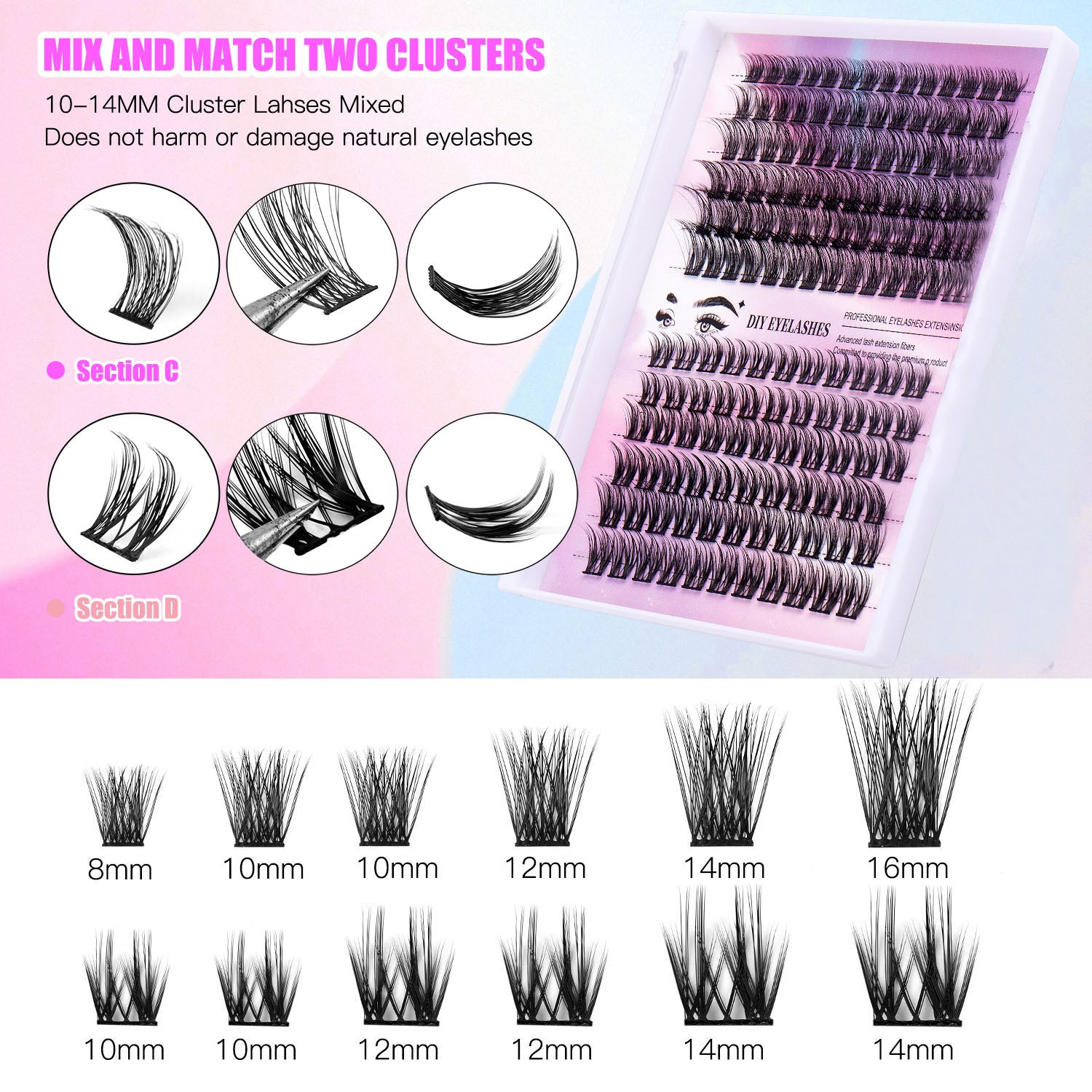 Tray of segmented cluster false eyelashes in various lengths from 8mm to 16mm for natural DIY lash extensions