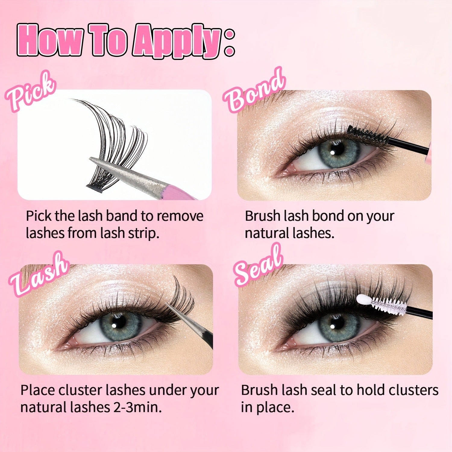 Step-by-step tutorial on applying cluster lash extensions with pick, bond, lash, and seal steps