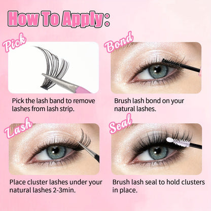 Step-by-step tutorial on applying cluster lash extensions with pick, bond, lash, and seal steps