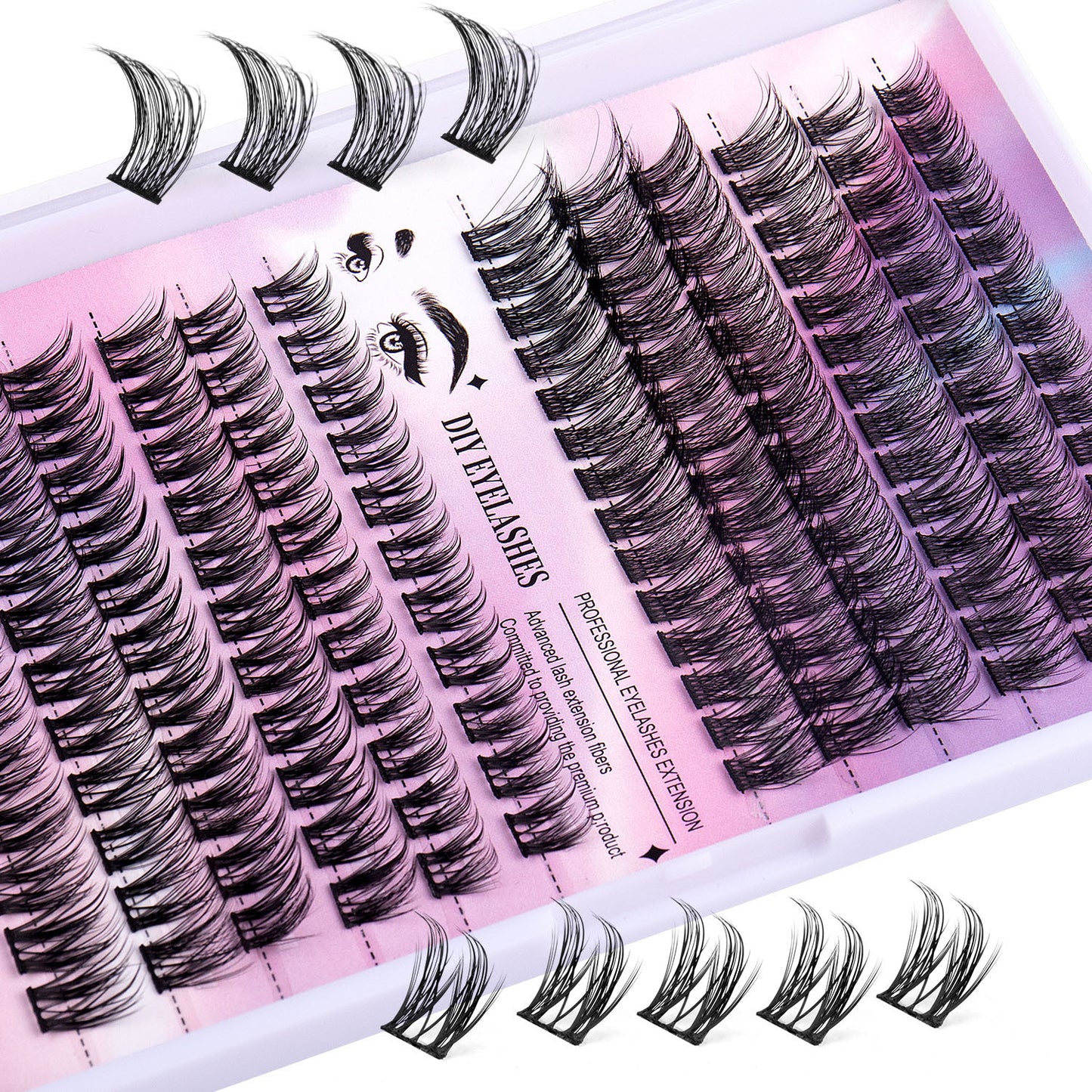 DIY segmented cluster eyelash extensions set with 12 rows on pink background