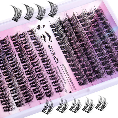 DIY segmented cluster eyelash extensions set with 12 rows on pink background