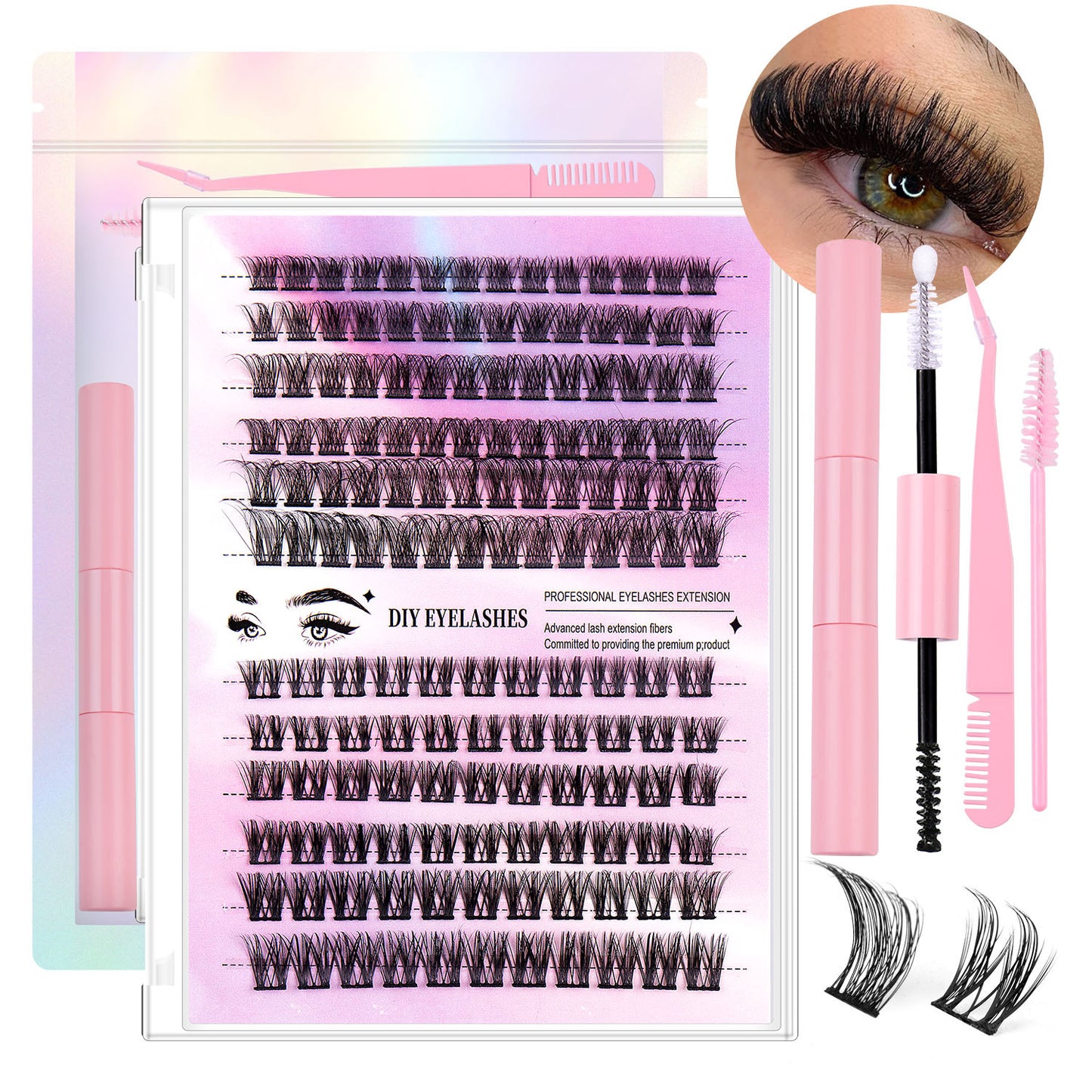 DIY segmented eyelash extensions kit with pink tools and close-up of eye with natural lashes