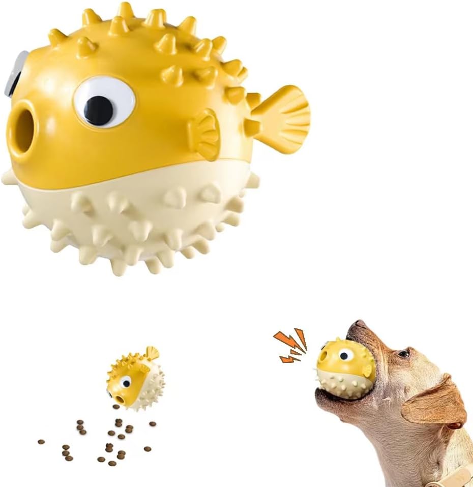 Yellow and white pufferfish dog chew toy dispensing treats, designed for dental hygiene and gum massage
