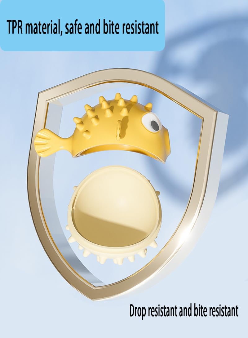 Yellow interactive dog chew toy shaped like a spiked fish, made of bite-resistant TPR material