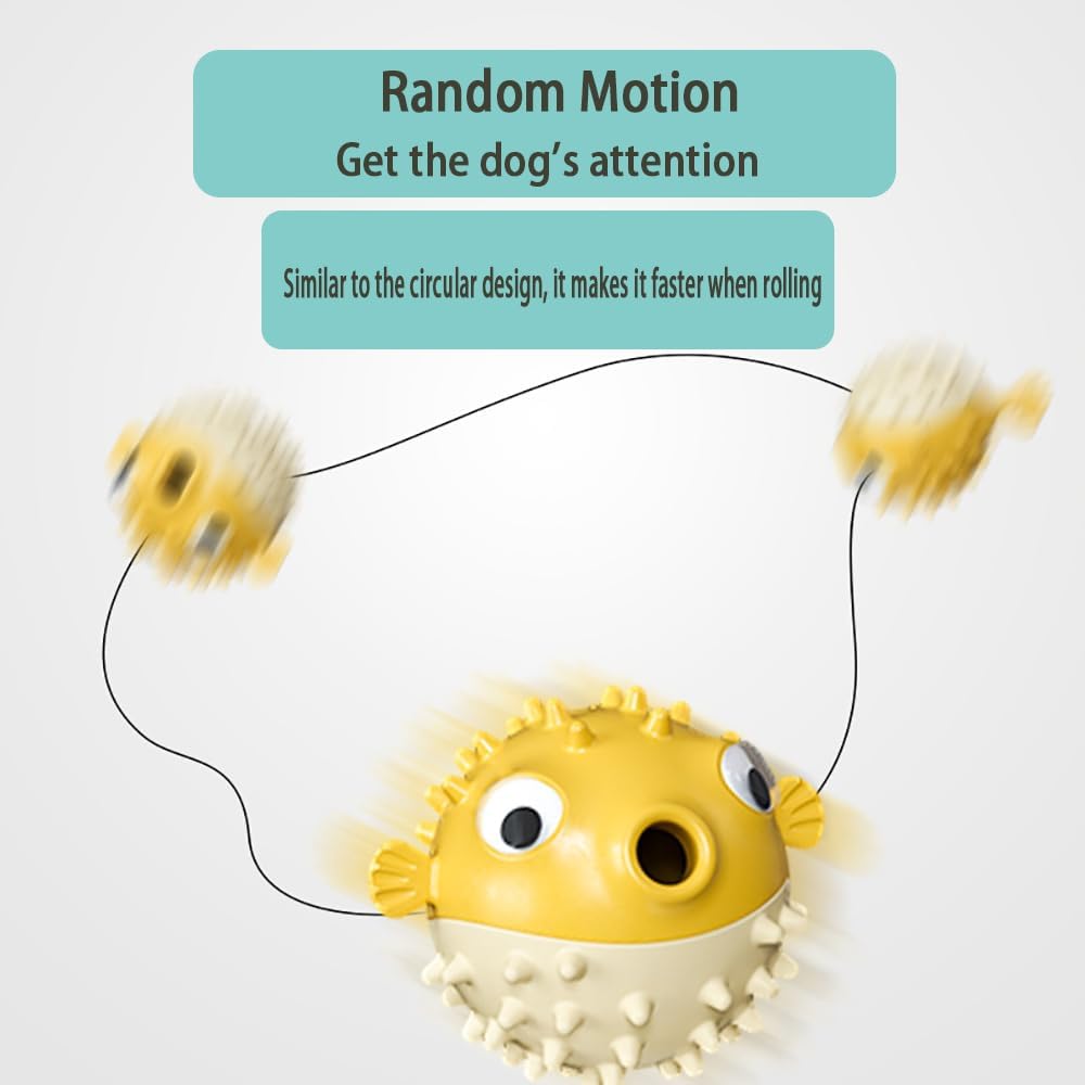 Yellow and beige interactive dog chew toy shaped like a pufferfish with treat-dispensing hole and textured gum massager