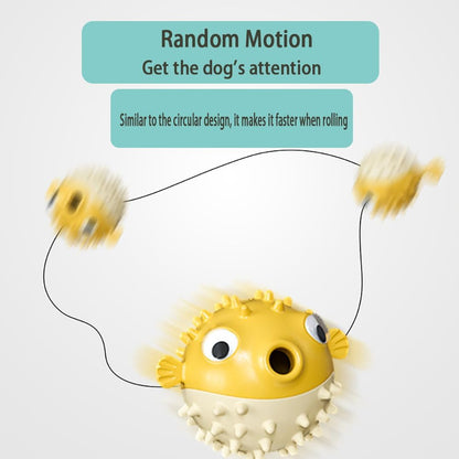 Yellow and beige interactive dog chew toy shaped like a pufferfish with treat-dispensing hole and textured gum massager