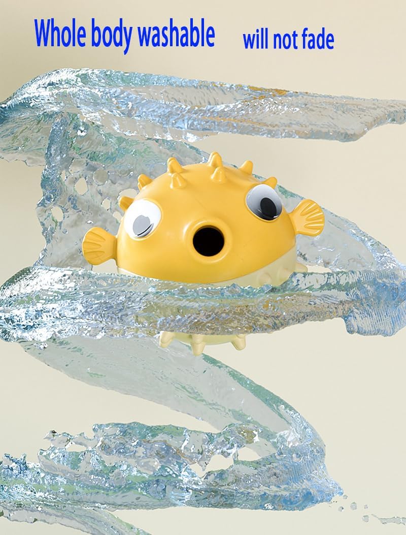 Yellow interactive fish-shaped dog chew toy with black hole mouth and googly eyes surrounded by swirling water