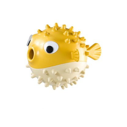 Yellow and white pufferfish-shaped interactive dog chew toy with spikes and treat dispensing hole