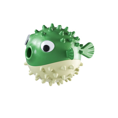 Green and beige spiky pufferfish-shaped interactive dog chew toy with large eyes and tail