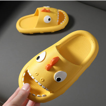Yellow kids shark slippers with fun eyes and teeth design, non-slip shower shoes