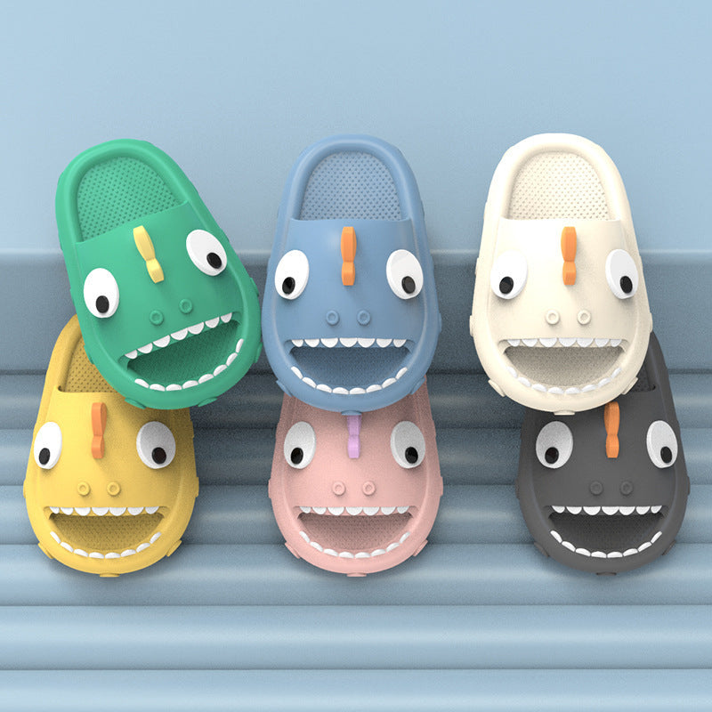 Colorful kids shark slippers in green, blue, white, yellow, pink, and black with non-slip shower shoe design