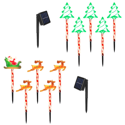 Solar-powered Christmas pathway lights with Santa sleigh, four reindeer, and five green Christmas trees