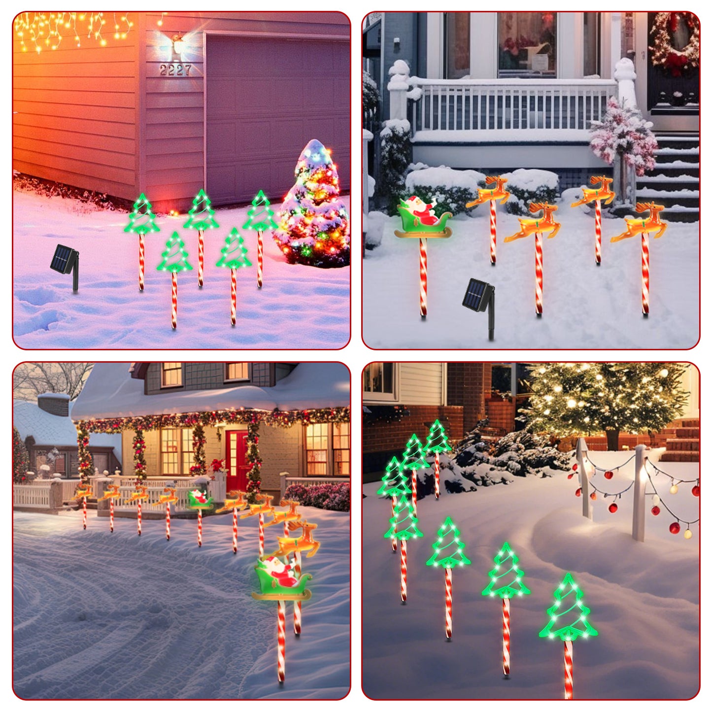 Solar-powered Christmas pathway lights featuring Santa sleigh, reindeer, and glowing green tree shapes in snowy yards