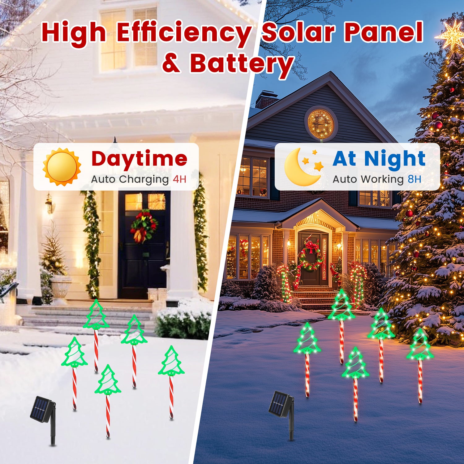 Solar-powered Christmas pathway lights shaped like candy cane poles with green tree tops in snowy front yard, daytime and night views