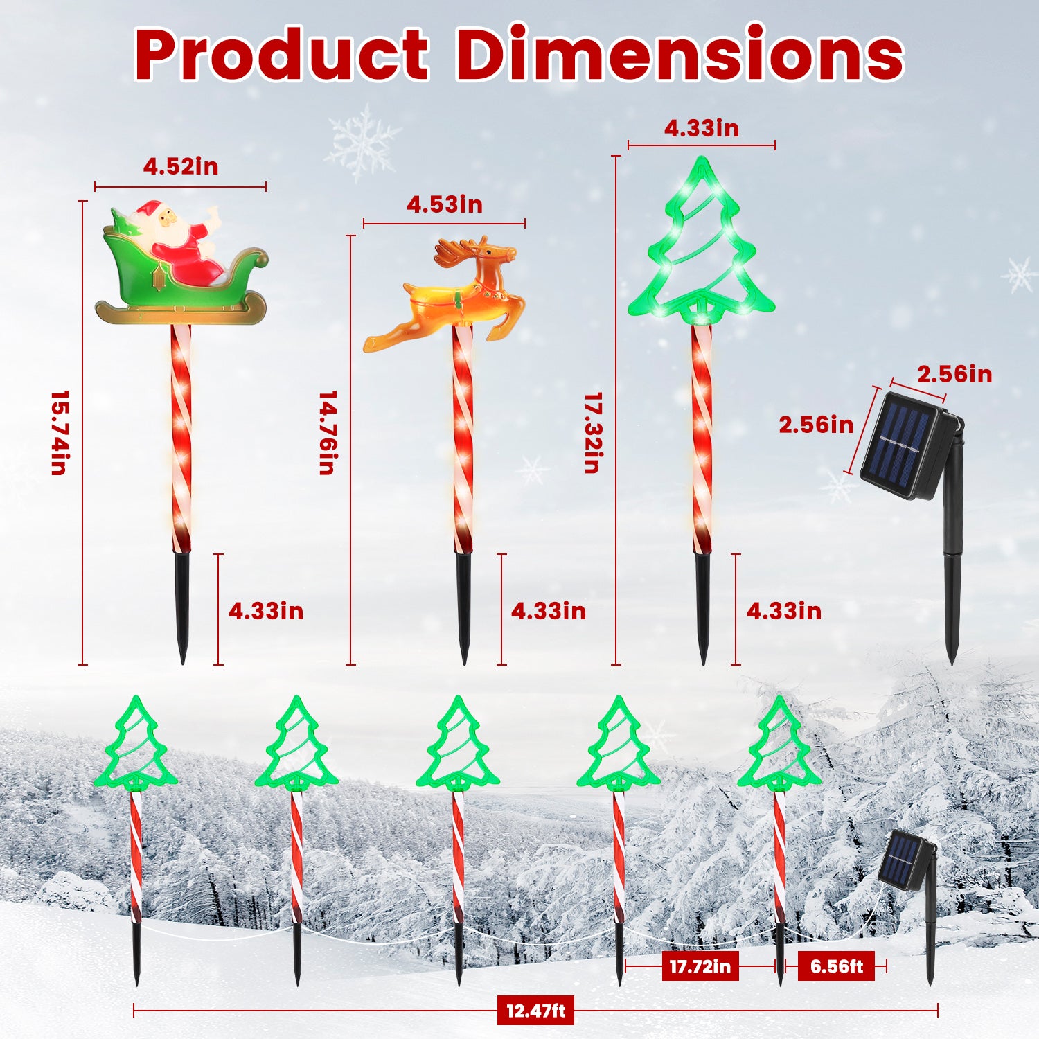 Christmas pathway lights with Santa, reindeer, and tree designs, solar powered with 8 lighting modes