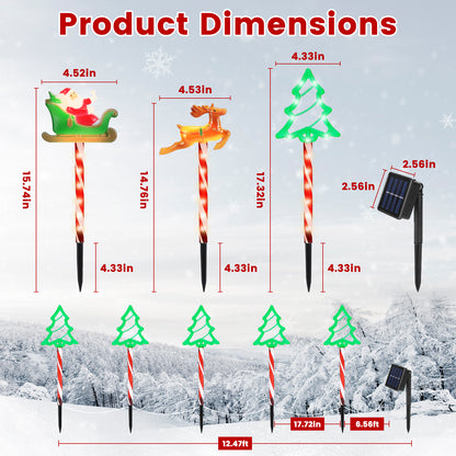 Christmas pathway lights with Santa, reindeer, and tree designs, solar powered with 8 lighting modes
