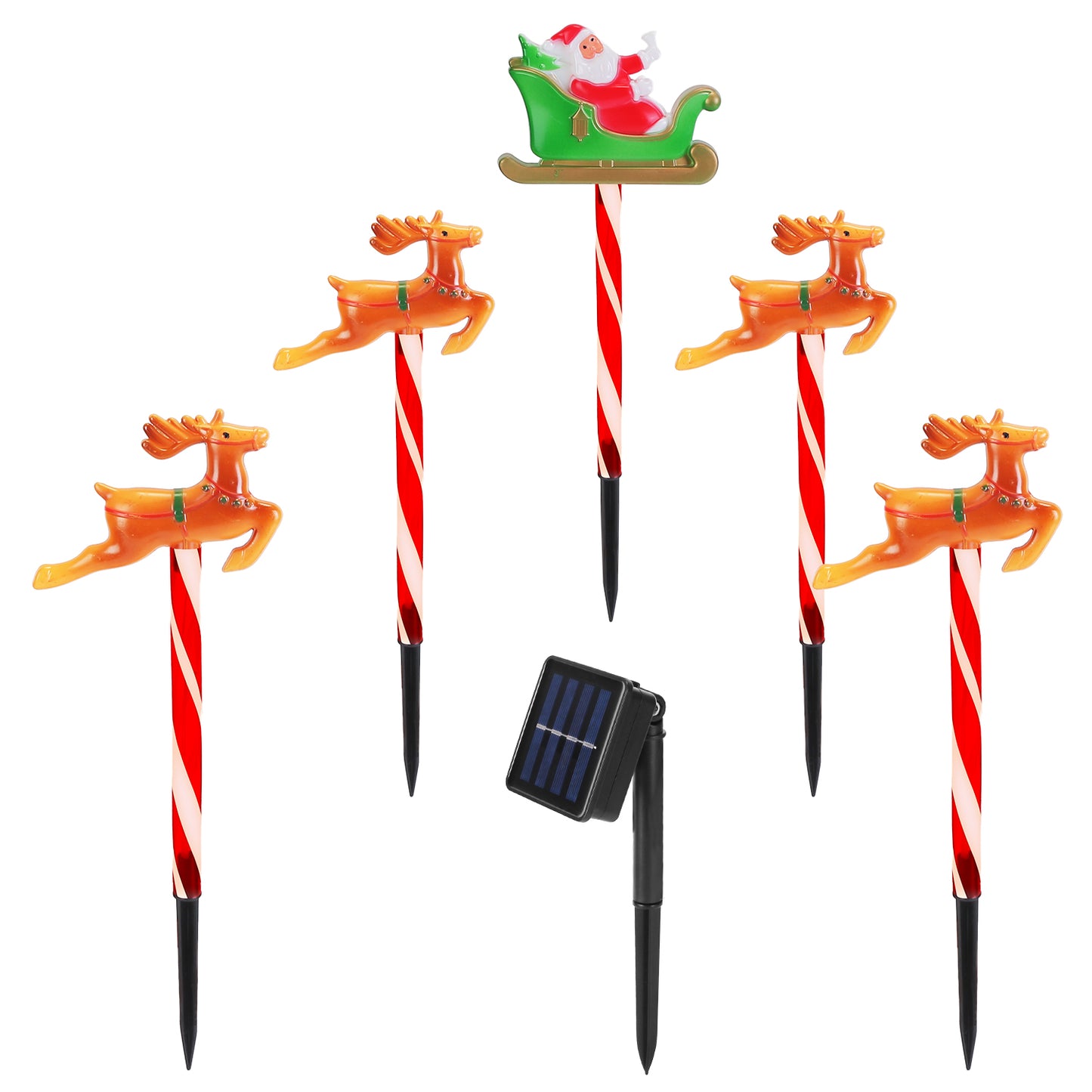 Solar powered Christmas pathway lights with Santa in sleigh and four reindeer on striped stakes