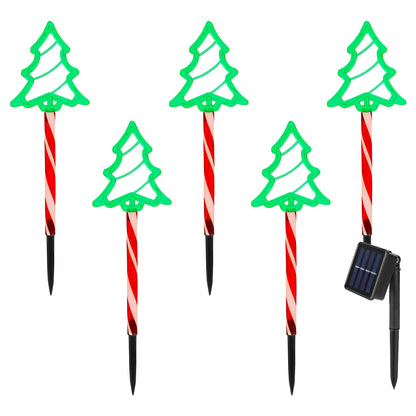 Set of five solar-powered Christmas tree pathway lights with candy cane striped stakes and black solar panel