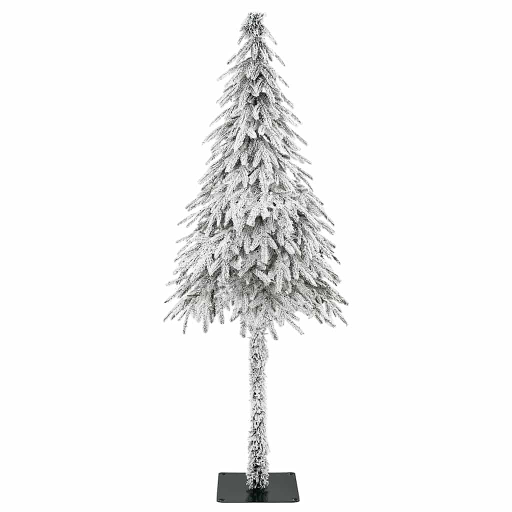 Tall slim white artificial Christmas tree with snow-flocked branches on black metal stand