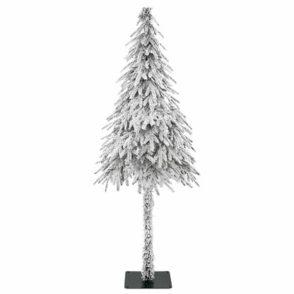 Tall slim white artificial Christmas tree with snow-flocked branches on black metal stand