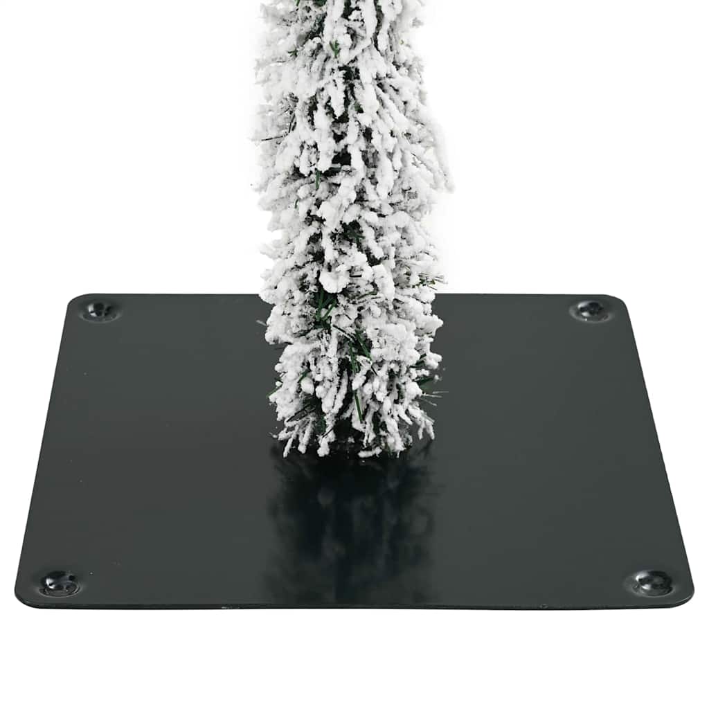 Close-up of snow-covered artificial Christmas tree base mounted on a square black metal stand