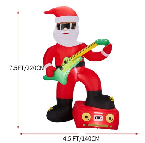 7.5ft inflatable Santa Claus wearing sunglasses playing green electric guitar on red boom box
