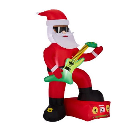 Inflatable Santa Claus wearing sunglasses playing green electric guitar on red speaker with LED lights