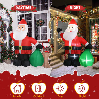 6ft inflatable Santa Claus with LED lights waving, shown in daytime and nighttime outdoor holiday decor