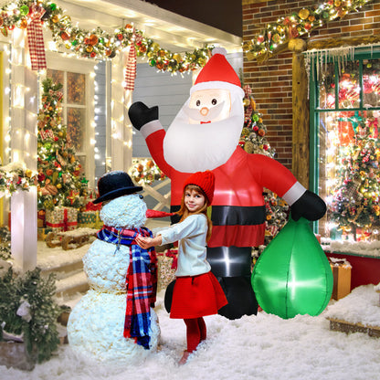 Young girl in red hat and skirt posing with inflatable Santa Claus and snowman with lights in festive decorated front yard