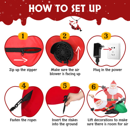 Step-by-step setup instructions for inflatable Santa Claus Christmas decoration with zipper, air blower, power plug, ropes, stakes, and space check