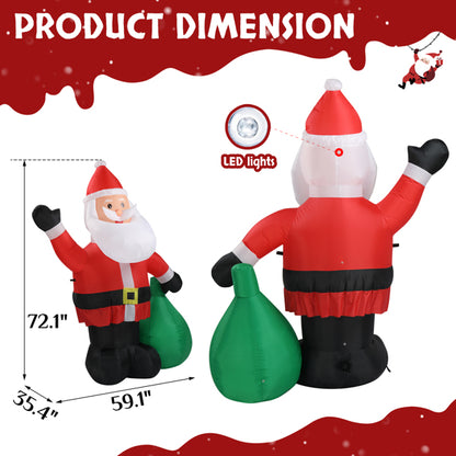 6ft inflatable Santa Claus with LED lights holding green sack, 72.1in tall Christmas decoration