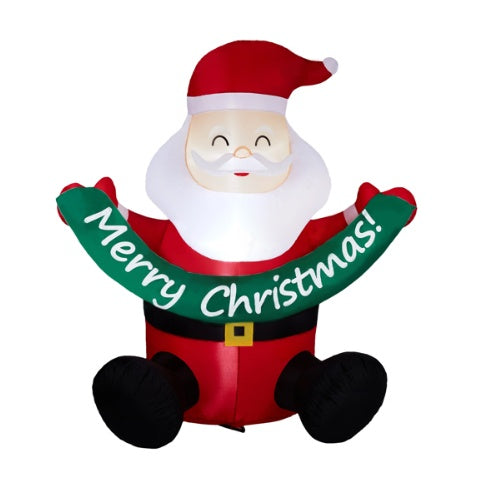 Inflatable seated Santa Claus decoration holding a green banner that says Merry Christmas with three LED lights