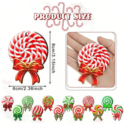 Peppermint swirl wood Christmas ornament with red bow, 8x6cm, with various colorful bow designs
