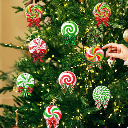 Christmas tree decorated with colorful peppermint wood ornaments featuring red, green, and white swirls and festive bows