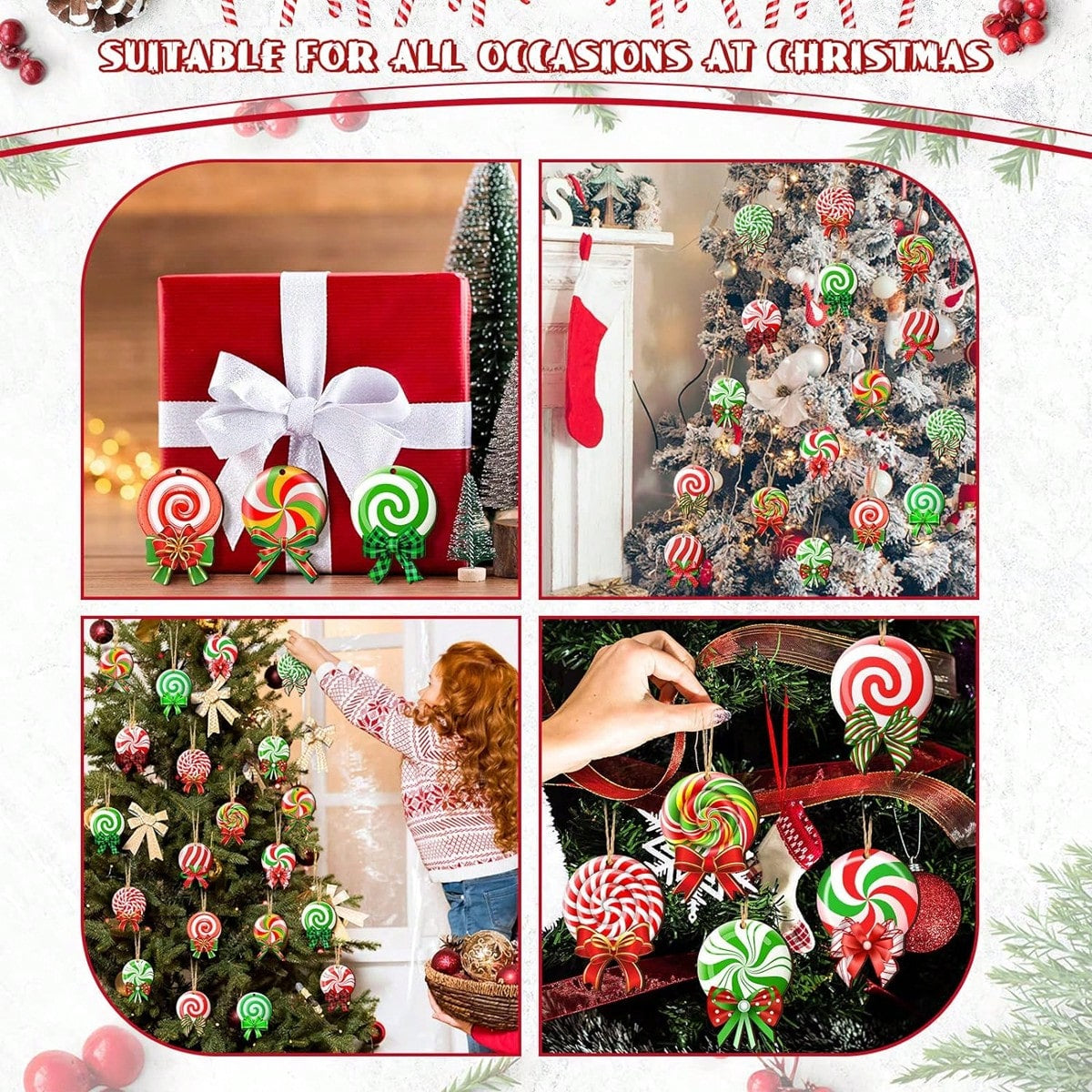 24-piece peppermint swirl wood ornaments set with red, green, and white colors on Christmas trees