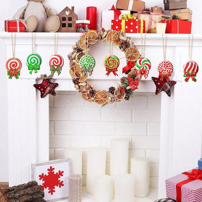 Christmas mantel decorated with peppermint wood ornaments, dried orange wreath, candles, gifts, and festive decorations