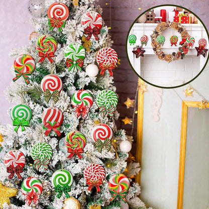Flocked Christmas tree decorated with colorful peppermint wood ornaments featuring red, green, and white swirls with festive bows