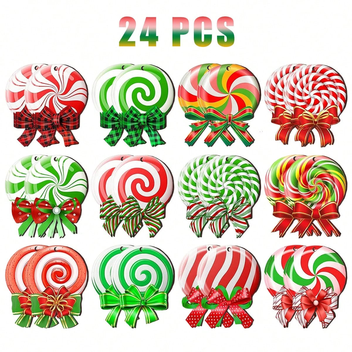 24-piece set of colorful peppermint wood ornaments with various swirl patterns and festive ribbons