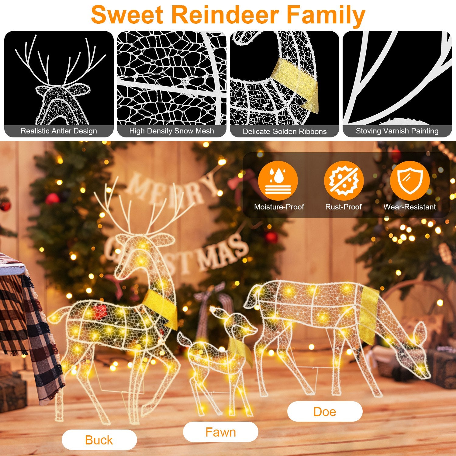 Lighted reindeer family Christmas decorations with warm yellow LED lights, including buck, fawn, and doe indoors
