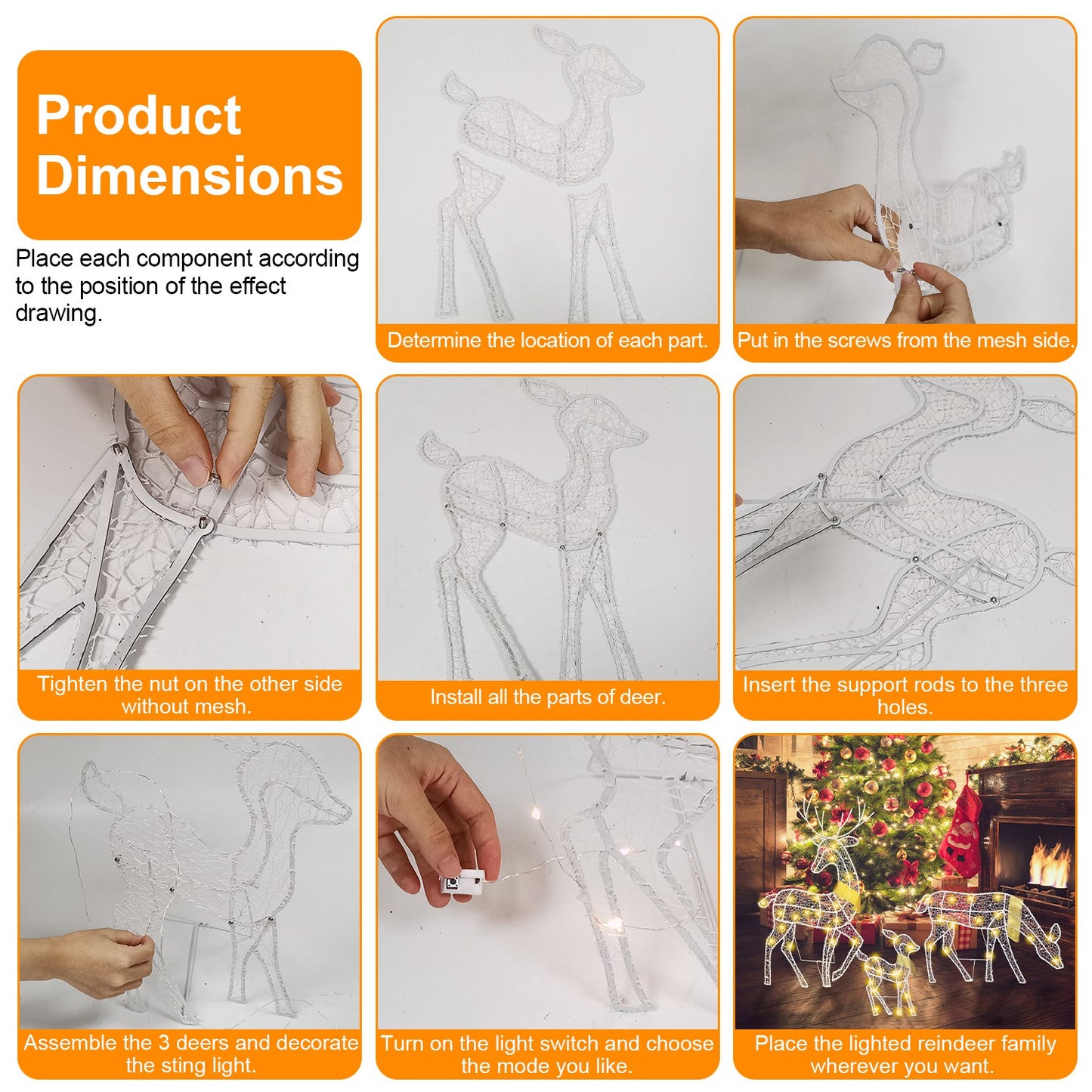 Lighted reindeer family decoration with warm yellow lights near Christmas tree and fireplace