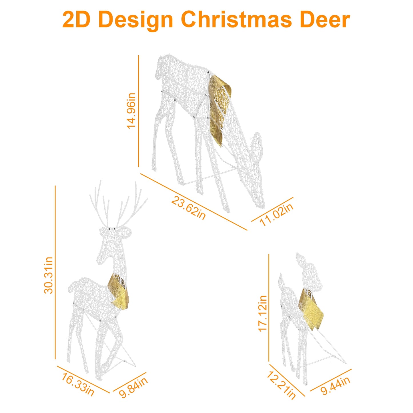 2D design lighted Christmas deer set with warm yellow lights and gold scarves, indoor outdoor decor